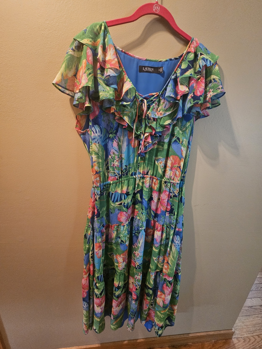 Lauren Ralph Lauren Blue, Green & Pink Tropical Ruffle Midi Dress